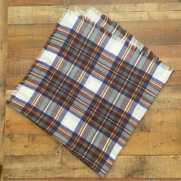 Soft Plaid Scarf in White, Blues, Teal, Burgundy - Picture 9 of 11